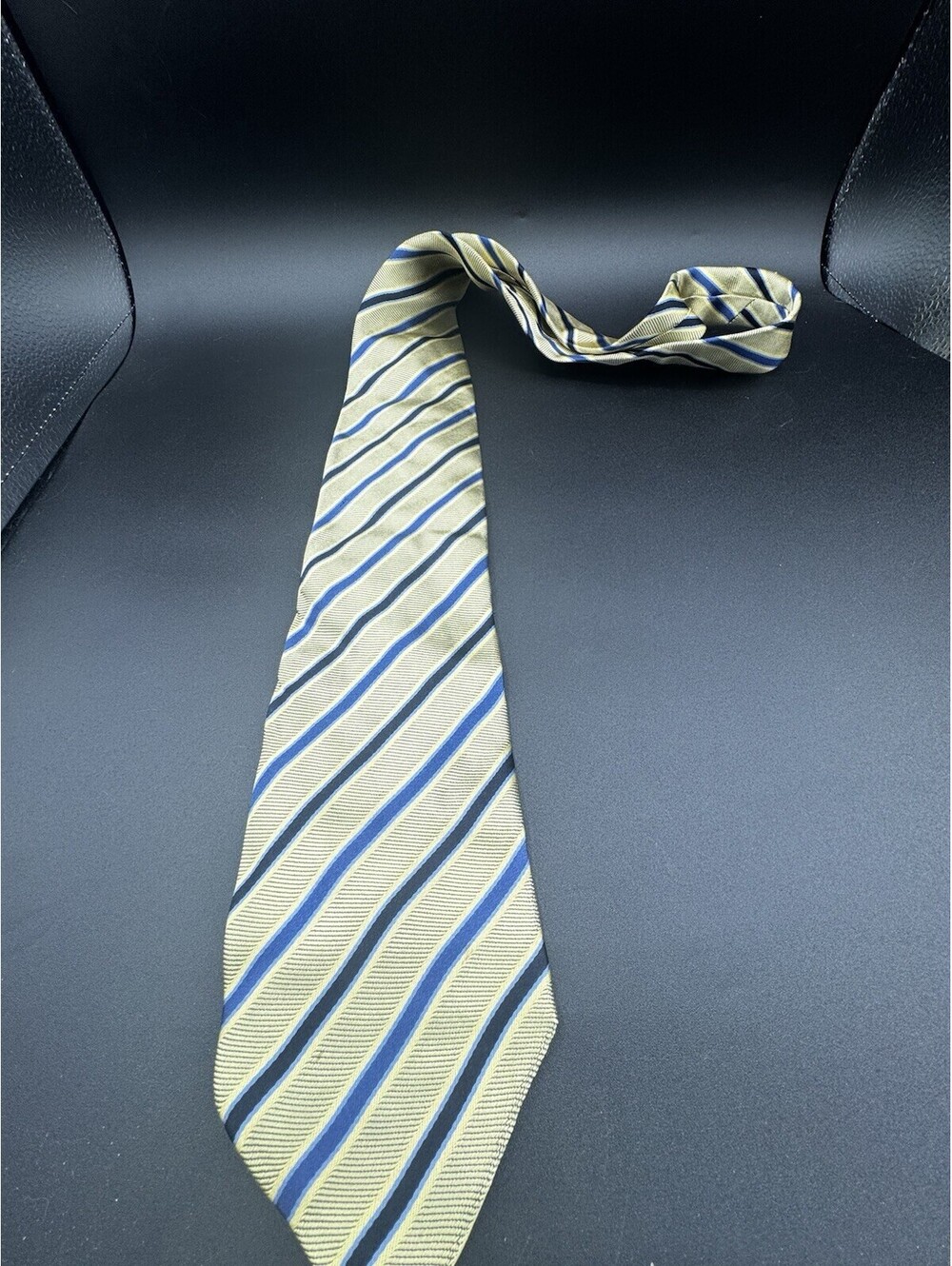 Vintage Gianni Viera Silk Tie Made Italy Gold Blue Black Striped 58”